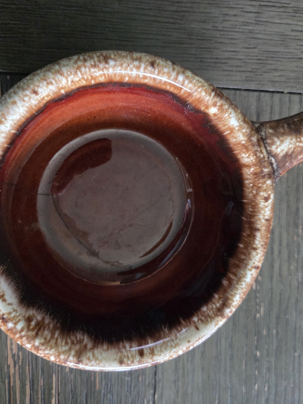 Hull ceramic soup crock with brown drip glaze and cream colored rim